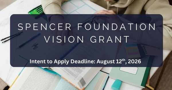 Top-down image of a student writing in a book. Text graphic says "Spencer Foundation vision grant"