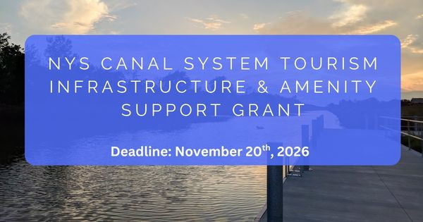 Graphic featuring a photo of a canal at sunset with a blue rectangle that says "Tourism Infrastructure & Amenity Support Grant"