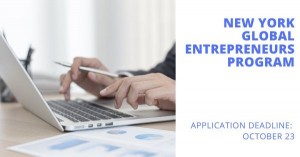 Image of person typing on a laptop with text that says New York Global Entrepreneur Program