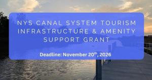 Graphic featuring a photo of a canal at sunset with a blue rectangle that says "Tourism Infrastructure & Amenity Support Grant"