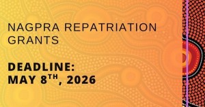 Image of a red blue and black pattern with text that says "NAGPRA Repatriation grants deadline: May 8th, 2026"